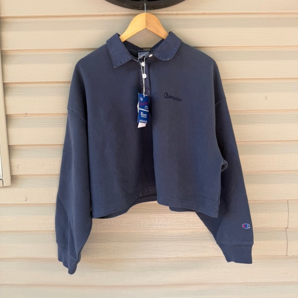 Champion Reverse Weave Cropped Polo Sweatshirt Women's L Blue Oversized BoxyNWT